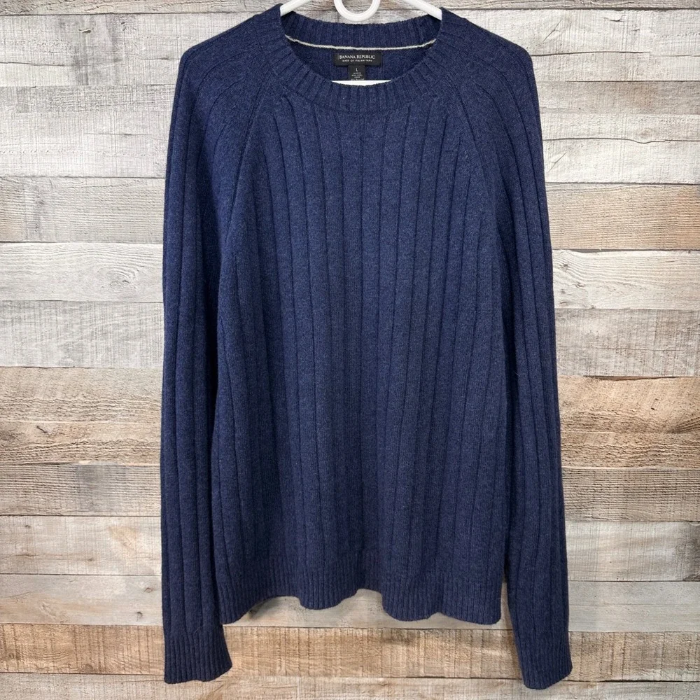 Banana Republic Mens Italian Yarn Wool Blend Ribbed Crew Neck Sweater Navy L